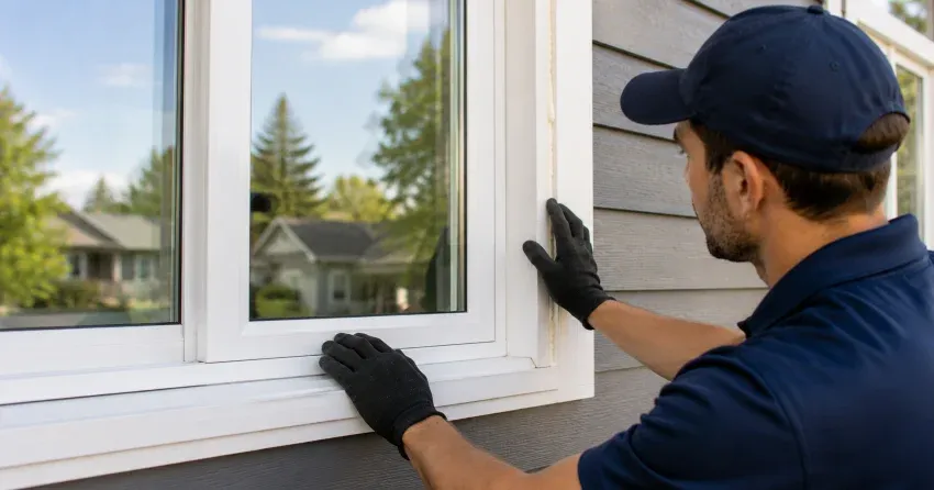 technician comparing full-frame and retrofit window replacement options in Angus