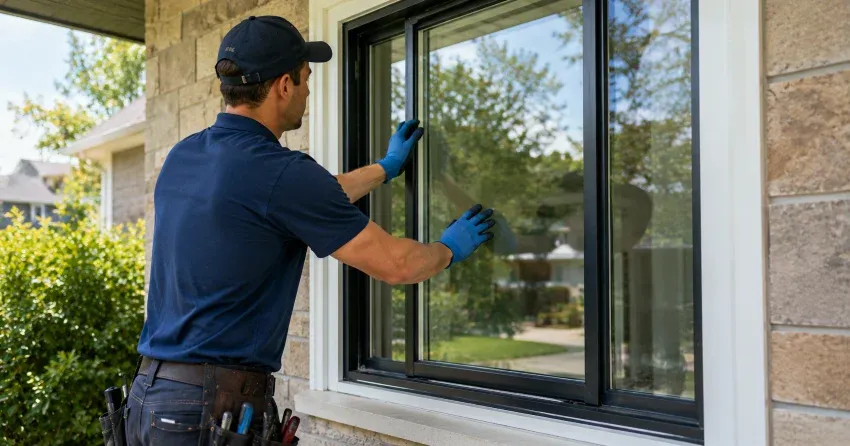 technician measuring a broken window pane for replacement in Angus