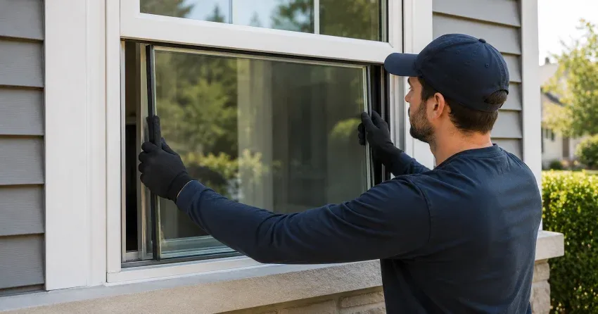 technician boarding up broken window during emergency glass repair Angus