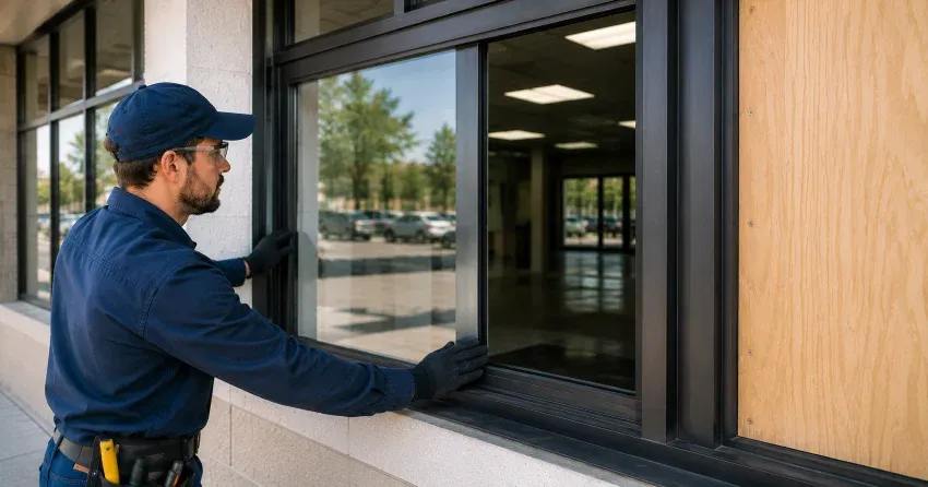 technician boarding a broken window after a break-in in Riverlea, Angus