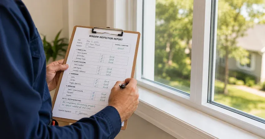 technician inspecting window seal and frame in Angus