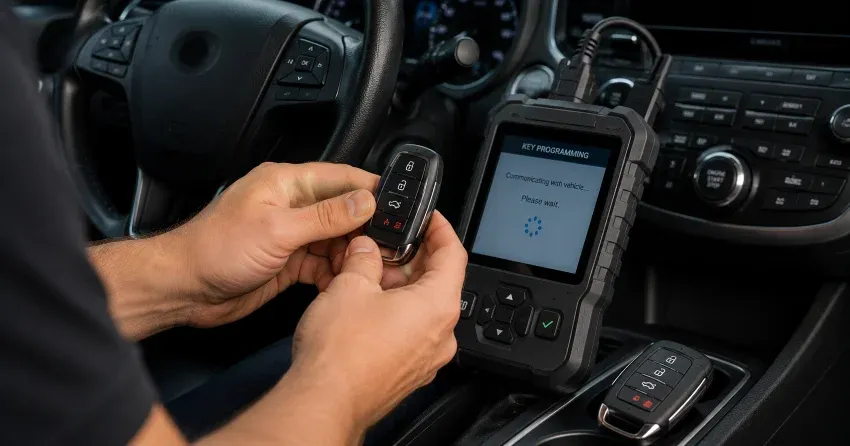 technician inspecting a worn car key before replacement in Angus