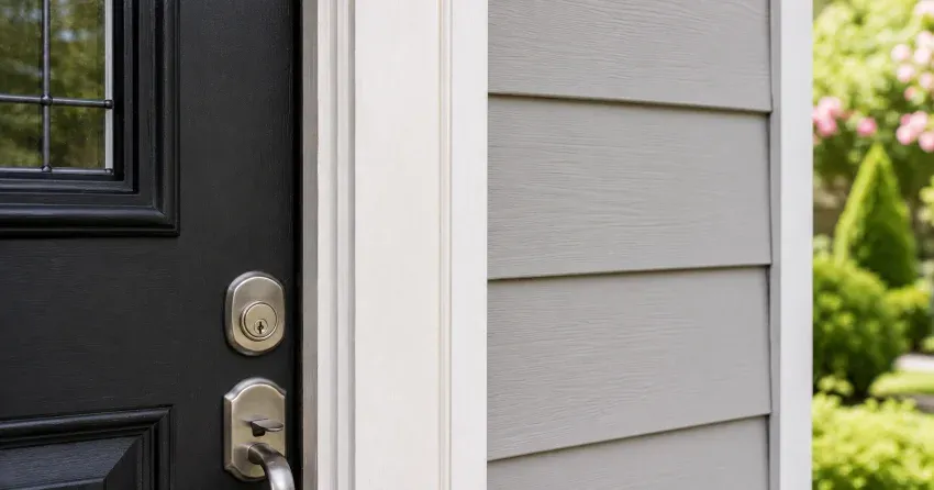 technician inspecting door jamb behind cracked casing in Angus home