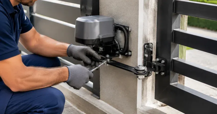 technician diagnosing automatic gate motor and control panel in Pine River, Angus
