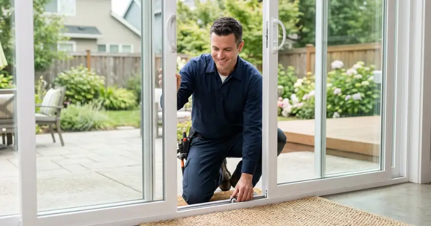 technician diagnosing a sticking patio door in Pine River, Angus