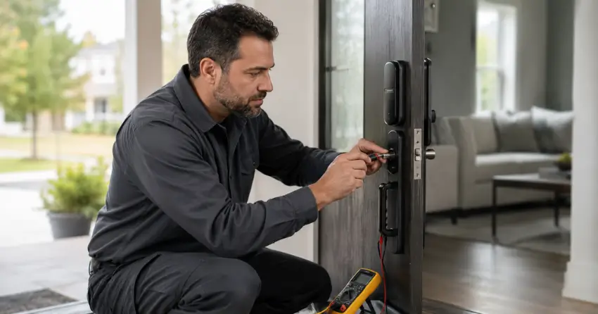 technician diagnosing automatic door lock mechanism on residential door in Angus