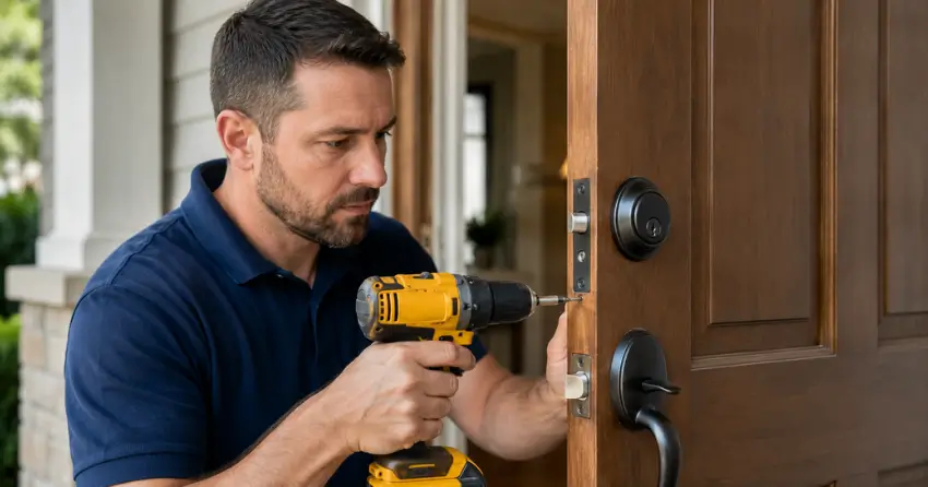 technician installing a new deadbolt during Change Door Lock Pine River, Angus service