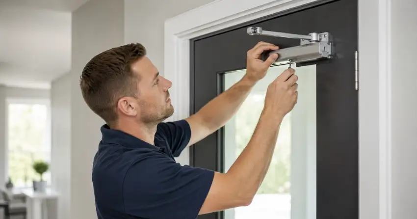 technician adjusting door closer hydraulic valve in Angus home