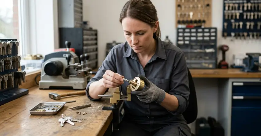 locksmith technician rekeying a deadbolt in Angus