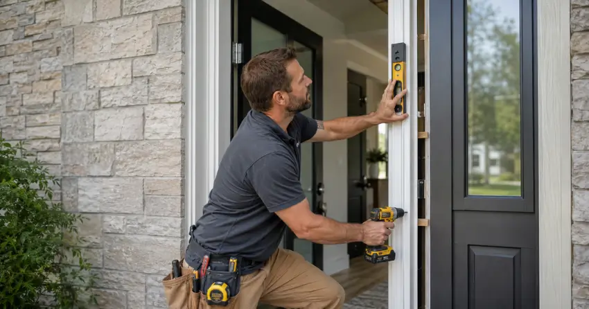 technician installing a new exterior door frame in Angus