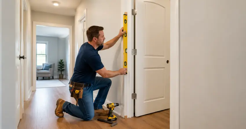technician installing a pre-hung interior door in a home hallway Riverlea, Angus