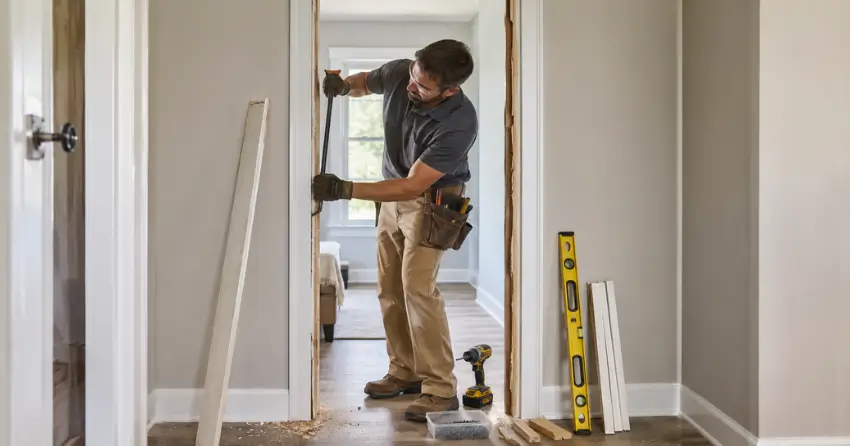 technician removing an old interior door frame during installation Angus