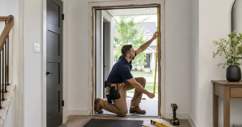 technician measuring a door frame before new door installation in Angus