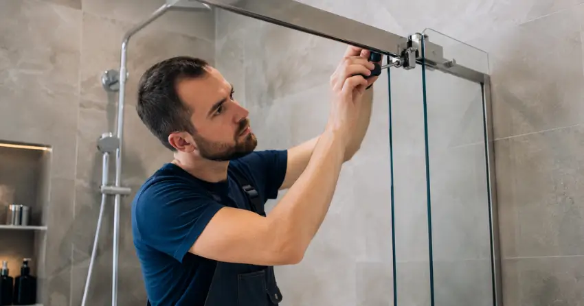 technician adjusting shower door hinge and track in Angus
