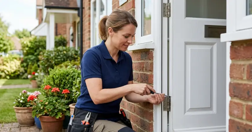 technician repairing exterior door hinge and frame in Angus