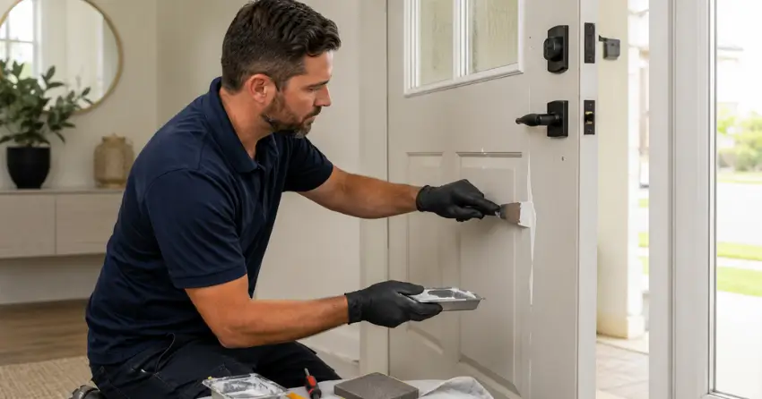 technician repairing fiberglass door surface crack in Pine River, Angus