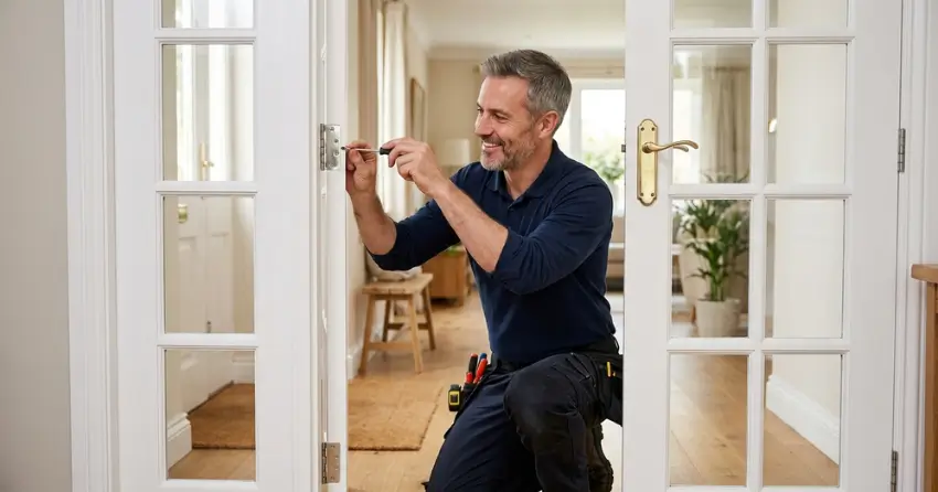 technician adjusting French door hinge for proper alignment in Pine River, Angus