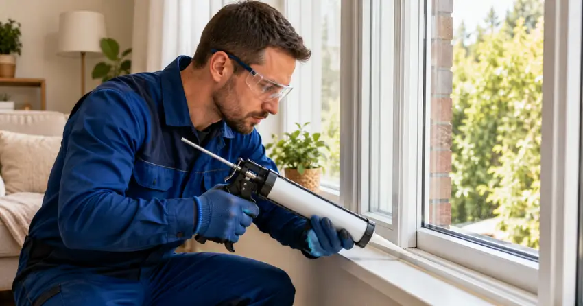 technician repairing window seal and frame in Angus