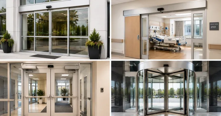 automatic door services technician completing system diagnostic in Angus
