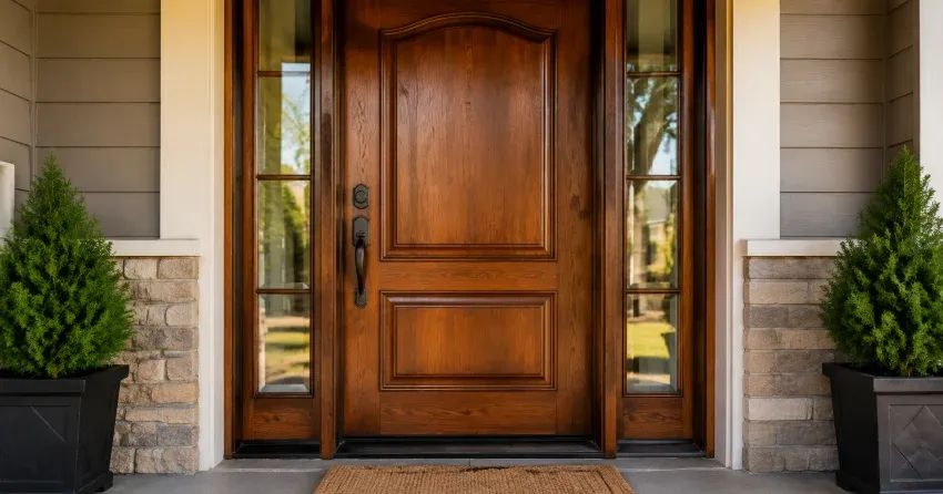 wood door mid-restoration showing stripped bare wood in Angus