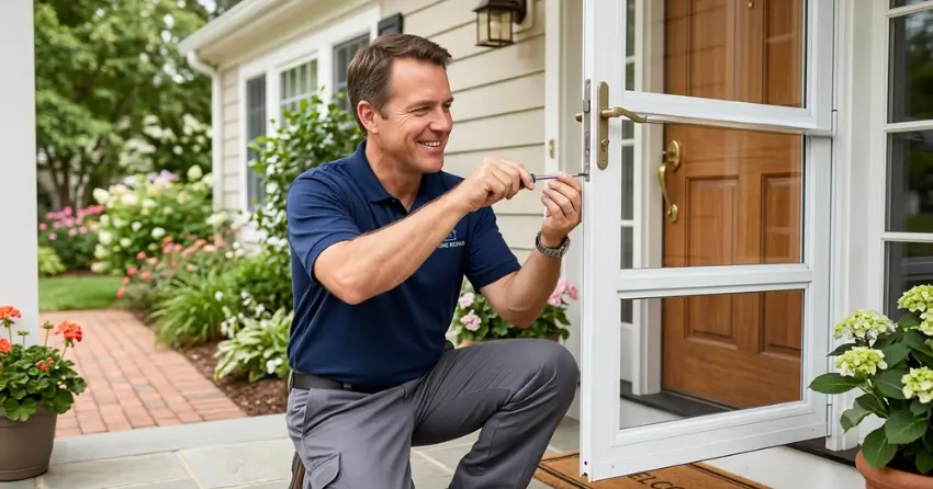 technician adjusting storm door hinge and closer in Angus