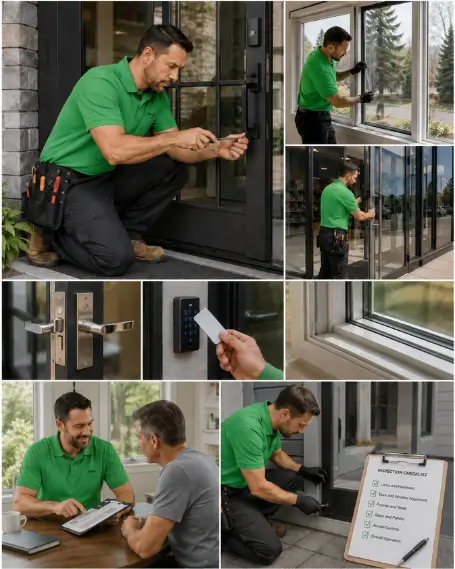 A crew carrying a new replacement window unit into a home